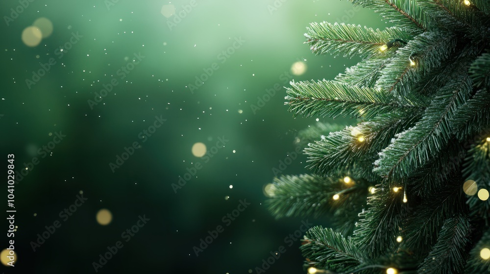 Christmas tree branch with garland in front of green background. Christmas tree branch with garland in front of green background.