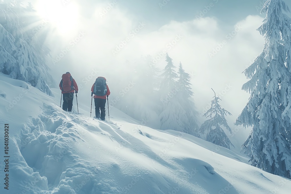 Two hikers trekking through a snowy landscape under a bright sun.