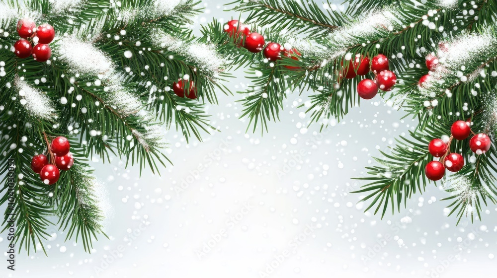 Christmas tree branches with a garland against falling snow. Christmas tree branches with a garland against falling snow.