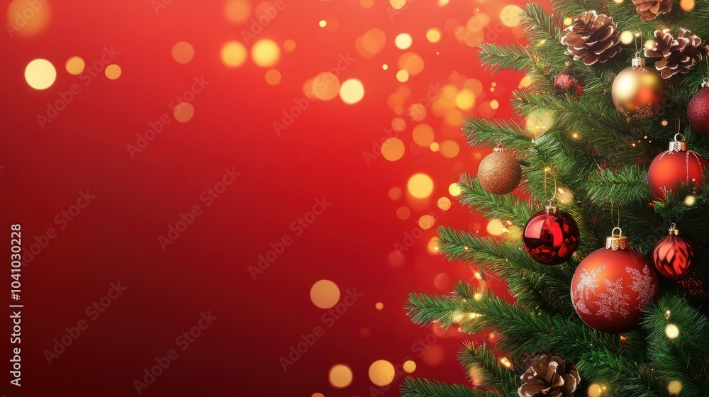 Christmas Tree With Ornament And Bokeh Lights In Red Background Christmas Tree With Ornament And Bokeh Lights In Red Background