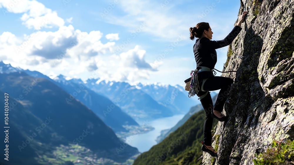 A climber ascending a rocky cliff against a breathtaking mountainous backdrop with a serene lake below. A climber ascending a rocky cliff against a breathtaking mountainous backdrop with a serene lake below.