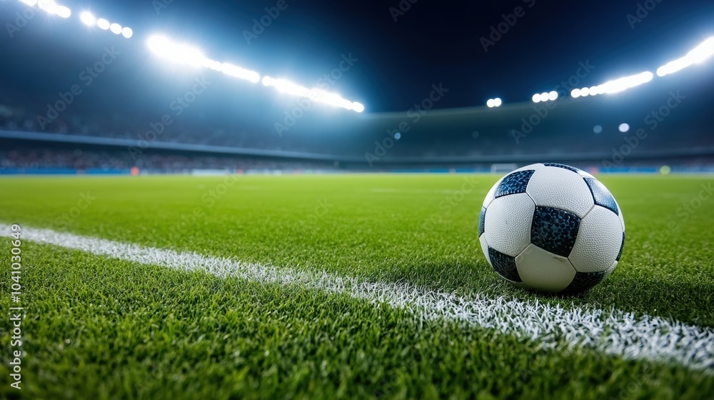 Obraz premium A close-up of a soccer ball resting on a well-maintained grass field at night.