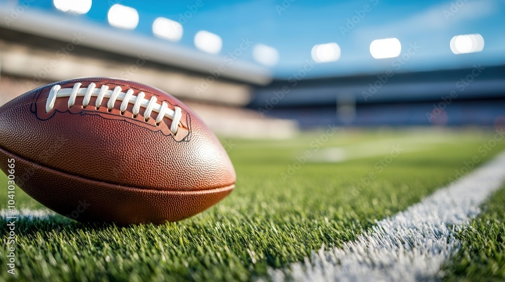 A close-up of an American football resting on the grass at a stadium. A close-up of an American football resting on the grass at a stadium.