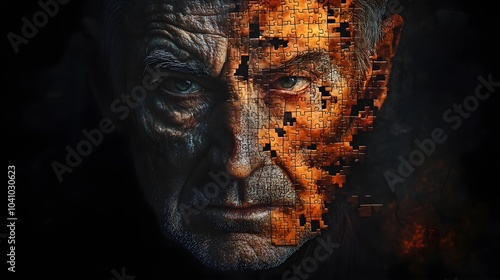 Portrait of an aged man, fragmented face made of puzzle pieces, representing fading identity, chiaroscuro lighting, digital art, dark tones, steampunk aesthetics, surreal realism