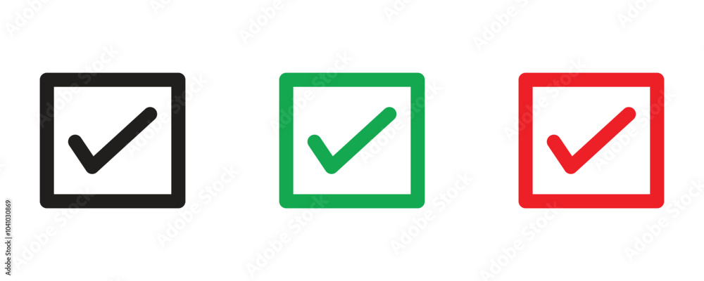 Check mark icon button set. check box icon with right and wrong buttons and yes or no checkmark icons in green tick box and red and black cross with white background. Check mark icon button set. check box icon with right and wrong buttons and yes or no checkmark icons in green tick box and red and black cross with white background.
