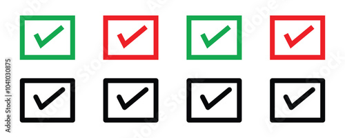 Check mark icon button set. check box icon with right and wrong buttons and yes or no checkmark icons in green tick box and red and black cross with white background.