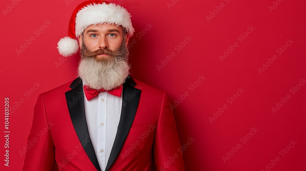 Naklejka premium Stylish Man in Santa Hat and Red Suit on Red Background