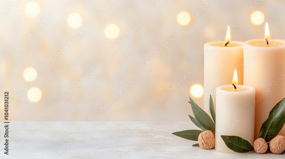 A serene display of three lit candles with natural elements on a soft, blurred background. A serene display of three lit candles with natural elements on a soft, blurred background.