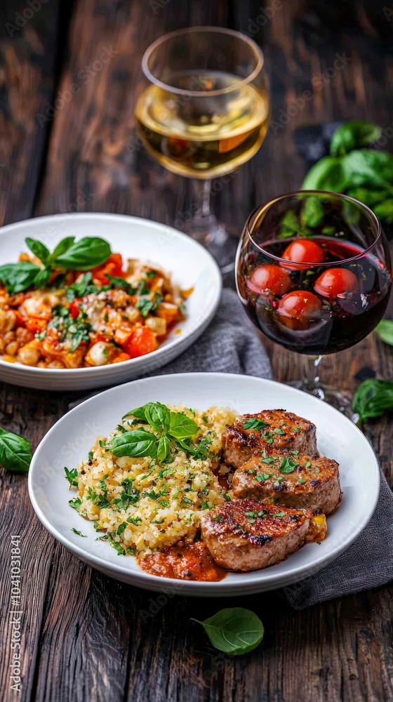 Delicious Gourmet Meal Featuring Grilled Meat Savory Risotto and Refreshing Beverages on a Rustic Table Delicious Gourmet Meal Featuring Grilled Meat Savory Risotto and Refreshing Beverages on a Rustic Table