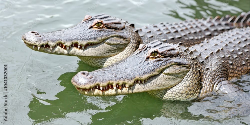 Fototapeta premium Two Crocodiles Surface in Siem Reap River Cambodia