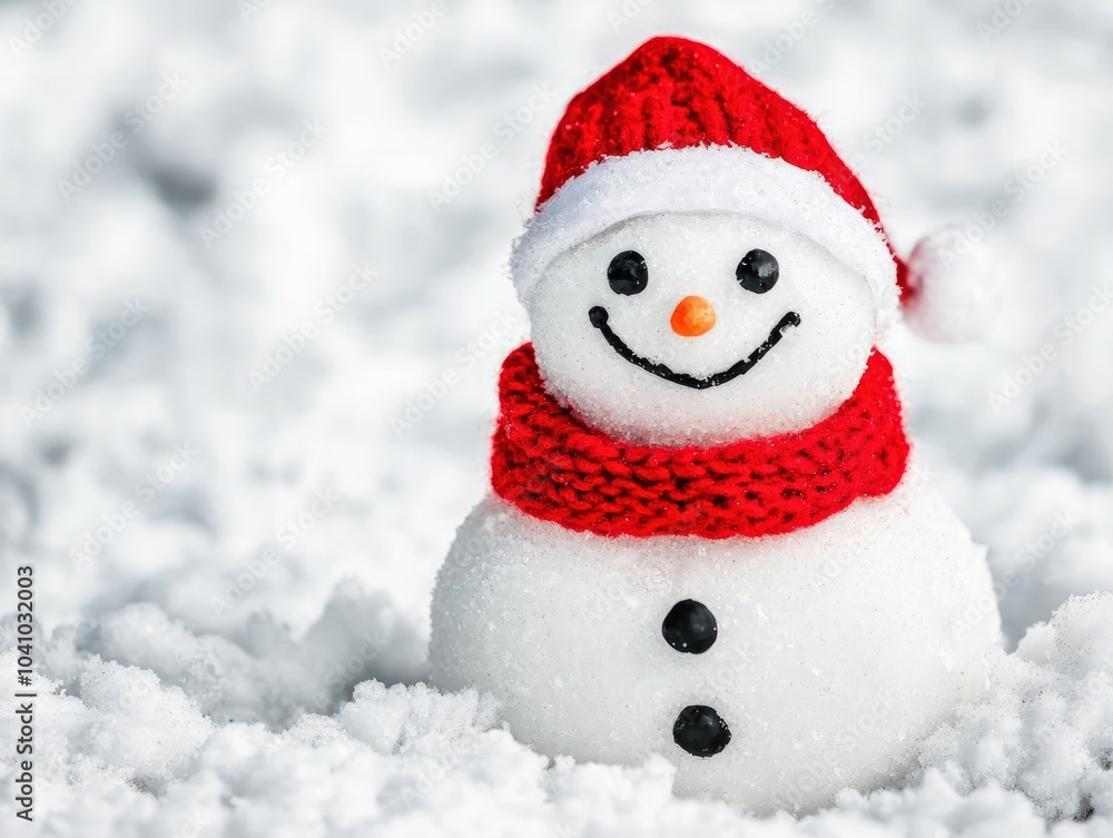 Cheerful Snowman in a Winter Wonderland with Santa Hat and Red Scarf Smiling in Snowy Landscape Cheerful Snowman in a Winter Wonderland with Santa Hat and Red Scarf Smiling in Snowy Landscape
