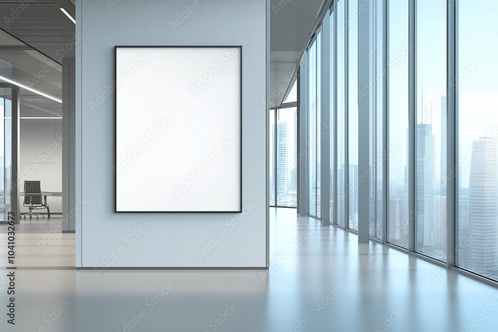 Contemporary coworking interior with banner Contemporary coworking interior with banner