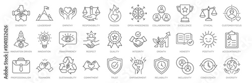 Core values line icon set. Vector pictograms of principles, business ethics, teamwork, leadership, diversity, integrity, trust, innovation, sustainability thin linear illustration.