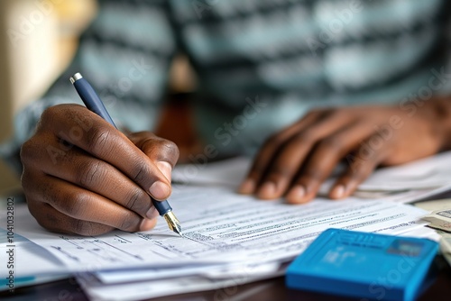 A close-up of hands writing on papers, with an African American man's hand holding the pen