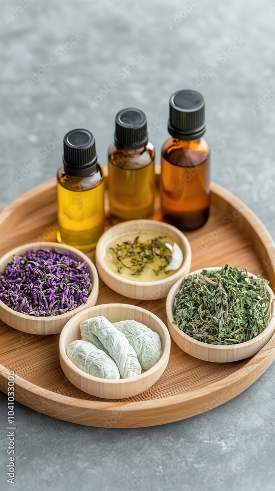 Herbal poultices and natural oils on a wooden tray, traditional healing, 3D illustration Herbal poultices and natural oils on a wooden tray, traditional healing, 3D illustration