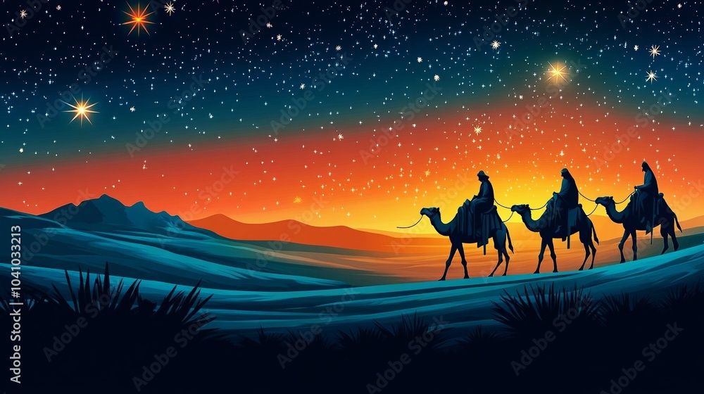 Fototapeta premium Three Wise Men Journey: A breathtaking, artistic interpretation of the biblical story of the Three Wise Men, their camels silhouetted against a vibrant, star-filled desert night sky.