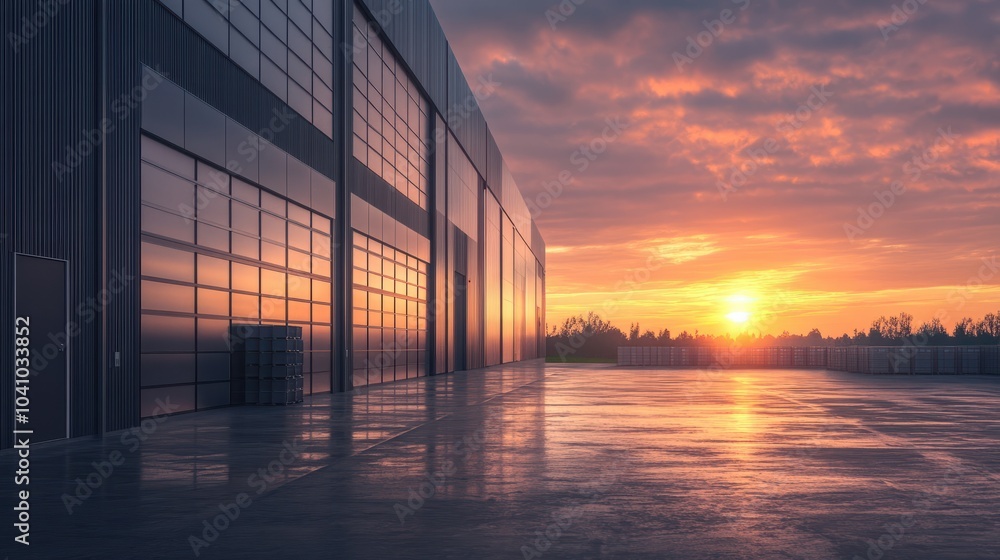 Exterior of modern distribution center warehouse at sunrise Exterior of modern distribution center warehouse at sunrise