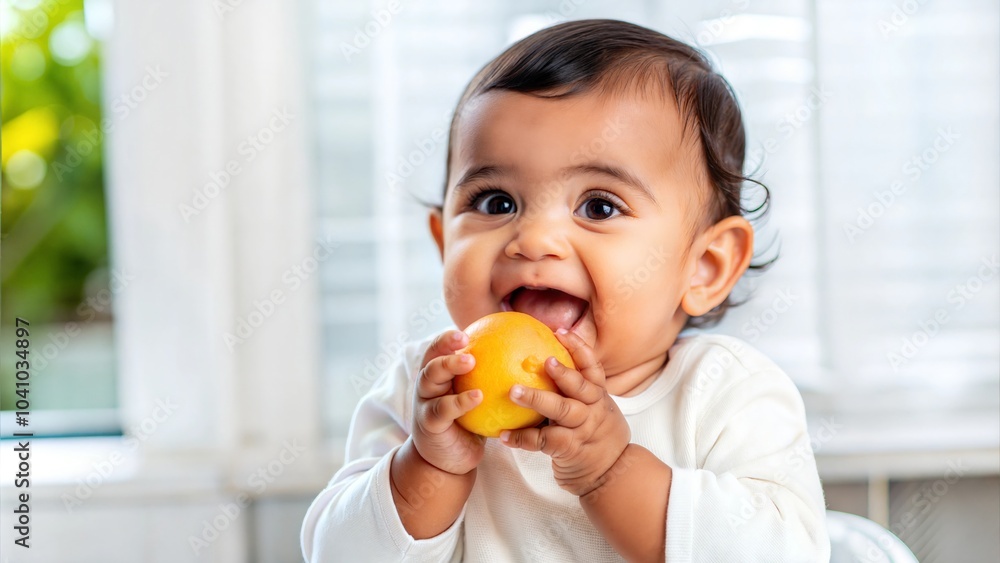 An adorable Indian baby enjoying a piece of fruit with a delighted expression.
An adorable Indian baby enjoying a piece of fruit with a delighted expression.