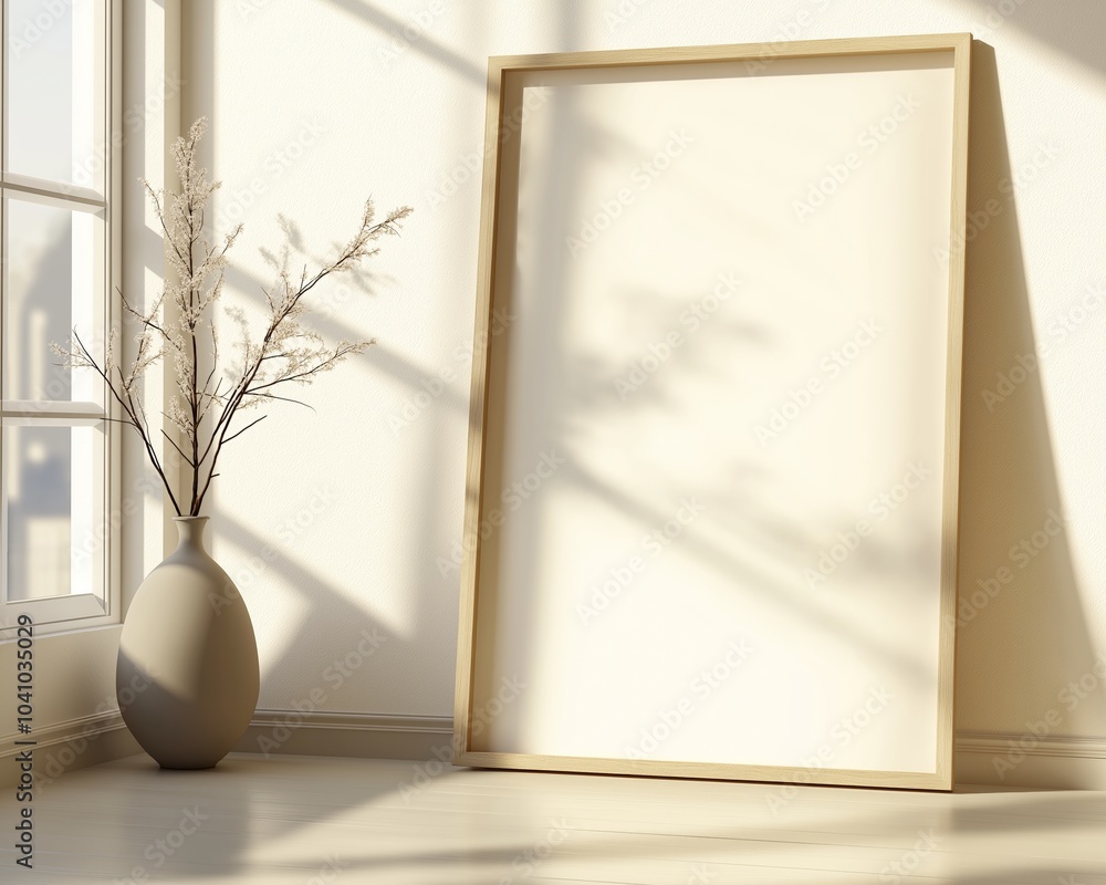 Home interior poster mock up with horizontal metal frame, succulents in basket and pile of books on white wall background. 3D rendering. Home interior poster mock up with horizontal metal frame, succulents in basket and pile of books on white wall background. 3D rendering.