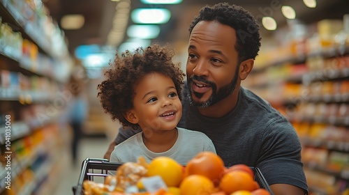 Father and Son Enjoy a Joyful Grocery Shopping Experience