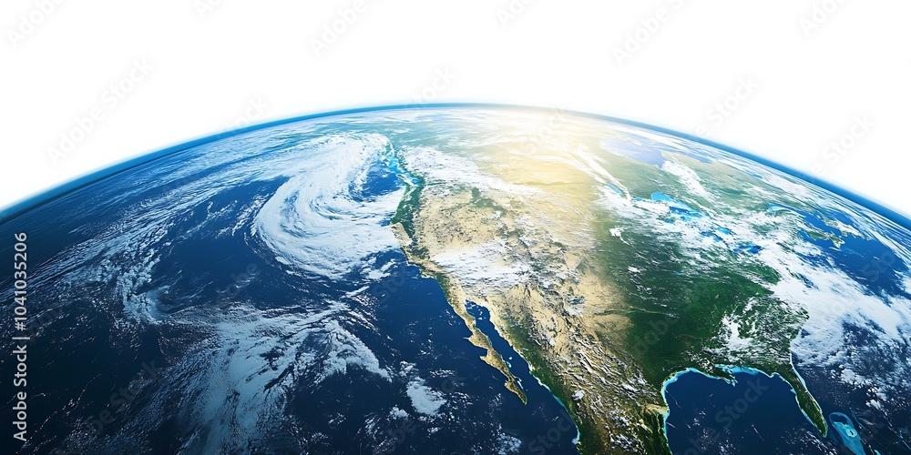 Fototapeta premium A panoramic view of Earth from space, highlighting the planet's blue oceans and green landmasses against the blackness of space, isolated on a crisp white background, space for text