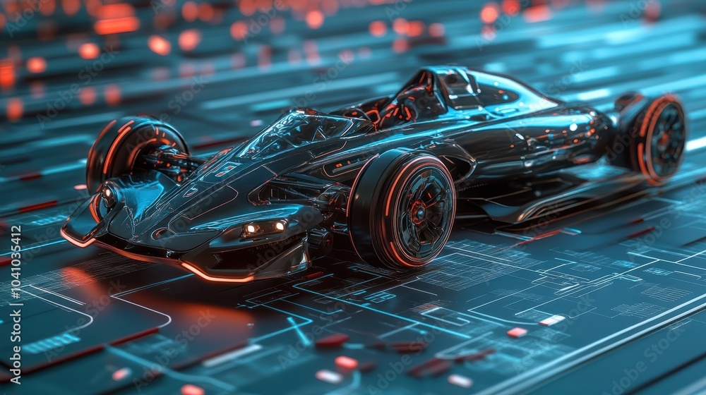 Futuristic Car Racing on Circuit Board, Illustrating the powerful performance capabilities of an electric sport car, with a focus on its advanced battery system Futuristic Car Racing on Circuit Board, Illustrating the powerful performance capabilities of an electric sport car, with a focus on its advanced battery system