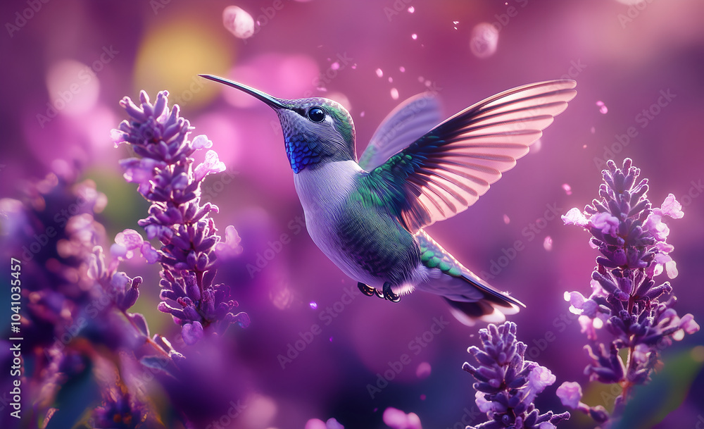 Naklejka premium beautiful hummingbird in flight, macro photograph, purple and green feathers