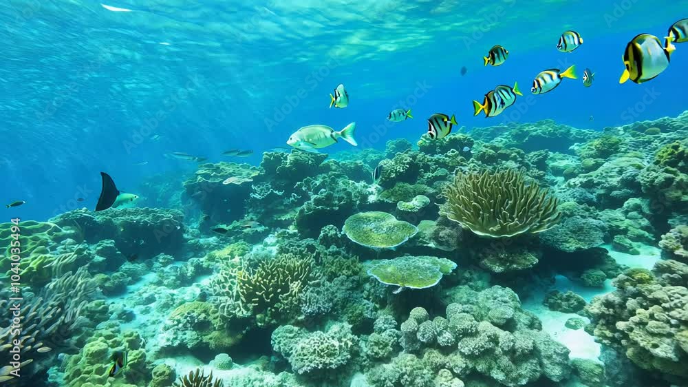 Sweeping pan video of a vibrant coral reef in bright daylight. Marine life thrives in every color, swayed by a gentle current. Sweeping pan video of a vibrant coral reef in bright daylight. Marine life thrives in every color, swayed by a gentle current.