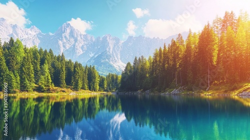 Vibrant summer landscape of fusine lake with clear turquoise waters reflecting the majestic julian alps and mangart peak in udine province, italy, capturing the idyllic morning light and natural beaut