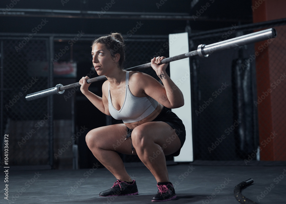 Fitness, squat and barbell with woman in gym for muscle, power and workout. Weightlifting, health and sports with person or bodybuilder with exercise equipment for strong, wellness and athlete Fitness, squat and barbell with woman in gym for muscle, power and workout. Weightlifting, health and sports with person or bodybuilder with exercise equipment for strong, wellness and athlete