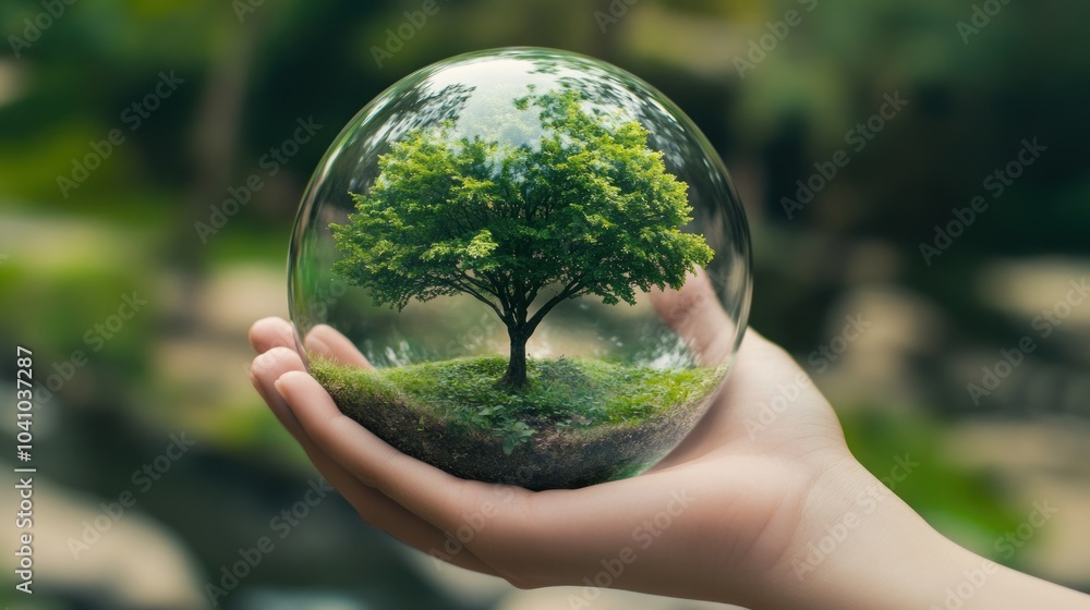 Protecting Nature: A Small Hand Holds the Earth in a Glass Sphere Protecting Nature: A Small Hand Holds the Earth in a Glass Sphere