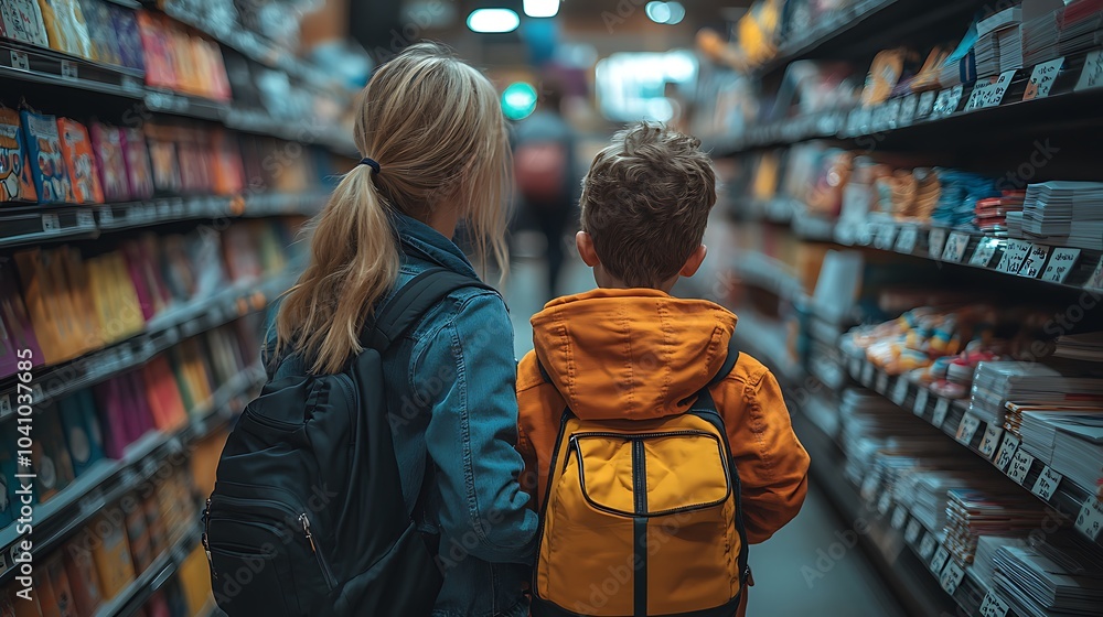 Obraz premium Mother and Son Shopping for School Supplies Together
