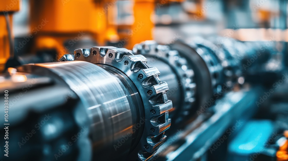 Fototapeta premium Lathe or cutting machine in metallurgical production, close up. Metal production processing. Banner horizontal image.