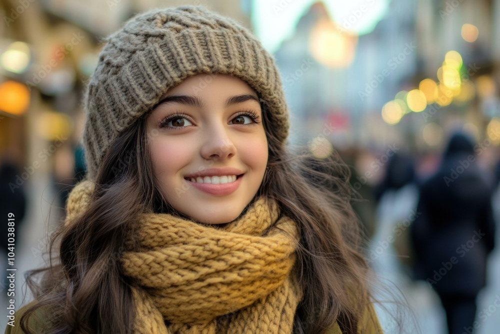 A woman smiles warmly in a knitted hat and scarf. AI. A woman smiles warmly in a knitted hat and scarf. AI.