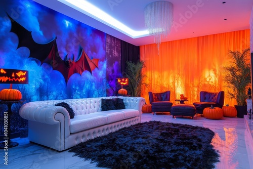 Chic Halloween room adorned with bat and pumpkin motifs, featuring a sleek white leather sofa for a modern festive touch. photo