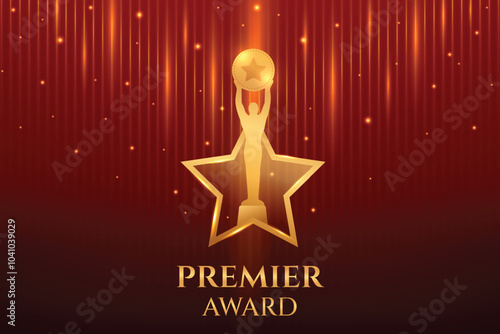 Golden Premier Luxury Award With Glowing Light Beam On Red Background. Royal Theme Movie, Television Icon Award Celebration Concept Design Vector Illustration