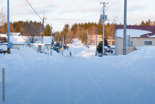 Winter town landscape in Biei, Hokkaido, Japan photo