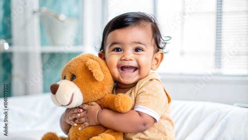 A cheerful Indian baby hugging a soft stuffed toy with a big smile.
