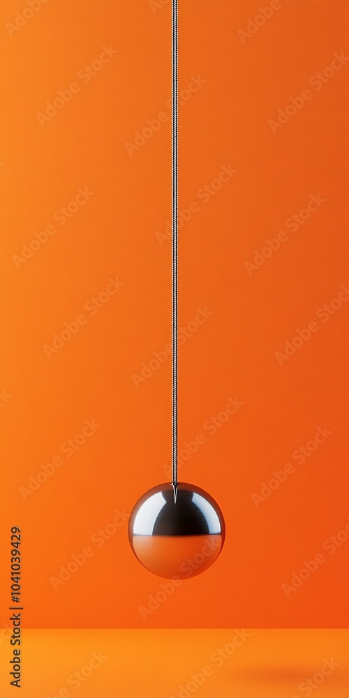 A detailed view of a pendulum experiment in motion, illustrating concepts of kinetic and potential energy, with a clean, minimalistic backdrop, isolated on a vibrant orange background, space A detailed view of a pendulum experiment in motion, illustrating concepts of kinetic and potential energy, with a clean, minimalistic backdrop, isolated on a vibrant orange background, space