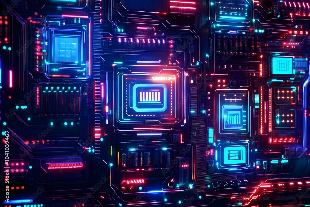 Futuristic Circuit Board with Vibrant Neon Lights Futuristic Circuit Board with Vibrant Neon Lights