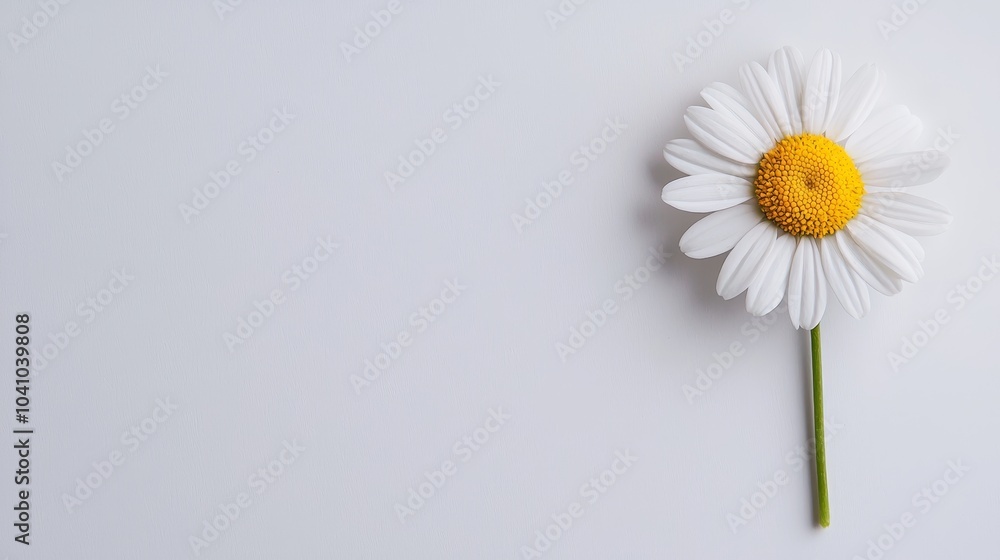 Obraz premium Close-up of a single daisy flower, its bright yellow center surrounded by soft, white petals, isolated on a pristine white background, elegant simplicity