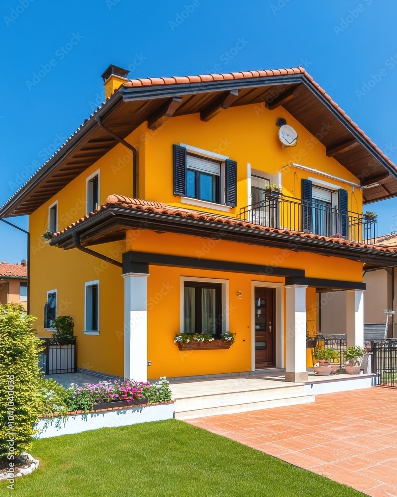 Fototapeta premium A yellow house with a red roof and a balcony. AI.