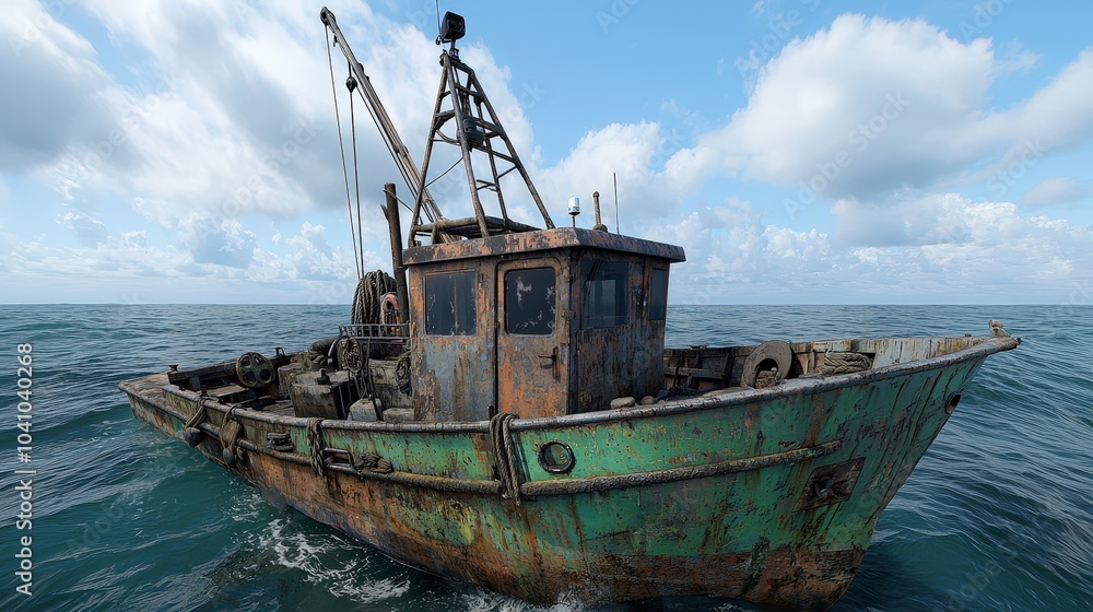Rusty Fishing Boat on a Calm Sea with Cloudy Sky
