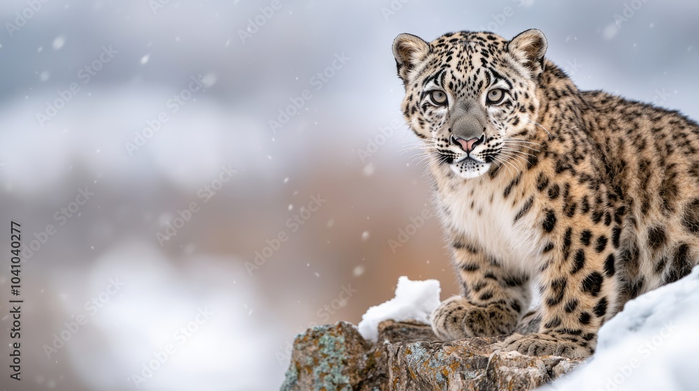 Fototapeta premium A snow leopard stands majestically on a snowy rock, its spotted coat blending beautifully with the winter landscape.