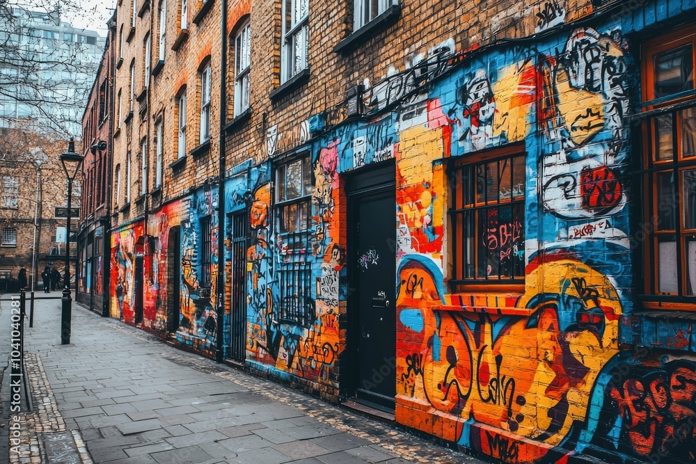 Fototapeta premium Colorful Graffiti Art on Brick Walls in a Narrow Alleyway