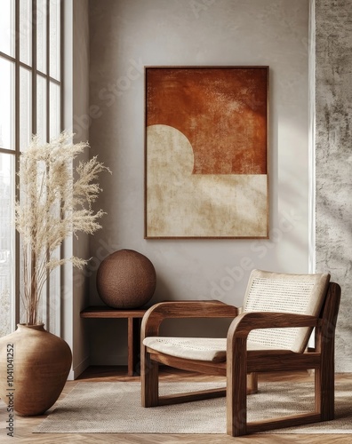Poster mockup in minimalist home interior background ,Mid century modern style, 3d render, Generative AI