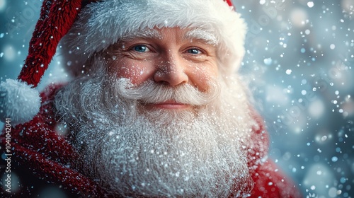 Close-up of Santa Claus smiling warmly with snowflakes falling on his white beard and red hat, capturing the festive spirit of Christmas in a magical winter setting.