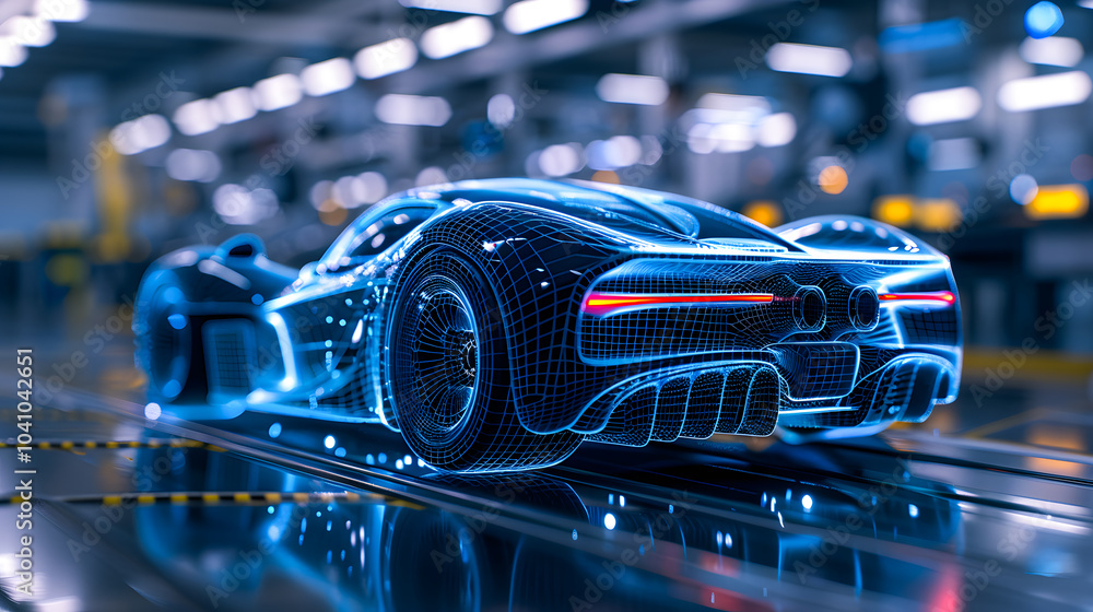 A blue, wireframe model of a sports car is showcased in a factory setting. The car is illuminated from below, highlighting its intricate design. A blue, wireframe model of a sports car is showcased in a factory setting. The car is illuminated from below, highlighting its intricate design.