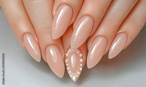 Closeup of a woman's hand with long, almond-shaped nails painted a soft pink and accented with sparkly rhinestones.