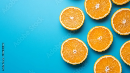 Vibrant oranges on blue background, a burst of citrus color and freshness multiple